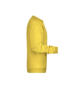 A yellow jumper with long sleeves and a side view, featuring a logo on the front.
