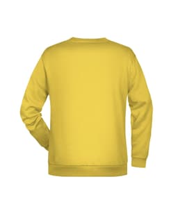 A yellow men's jumper with a plain back design, featuring a logo.