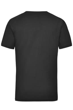 A plain black work T-shirt featuring a short sleeve design and a logo on the back.