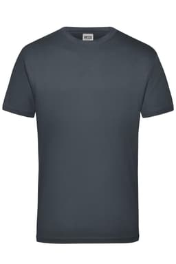 A dark grey t-shirt with a round neck and short sleeves. The shirt features a tag on the inside neck.
