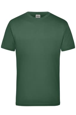 A green work T-shirt with a round neck and short sleeves, featuring a label in the neckline and a simple design.