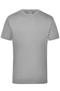 A grey short-sleeved work T-shirt featuring a logo on the label.