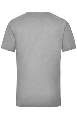 A grey work t-shirt with a simple design and a logo on the back.