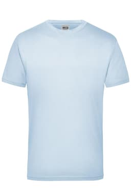 A light blue T-shirt with short sleeves and a round neckline, featuring a logo.