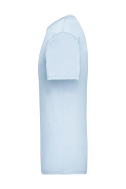 A light blue work T-shirt featuring a short sleeve design and a simple silhouette. It has a logo on it.