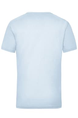 A light blue T-shirt with short sleeves and a plain back. It features a logo at the neck.