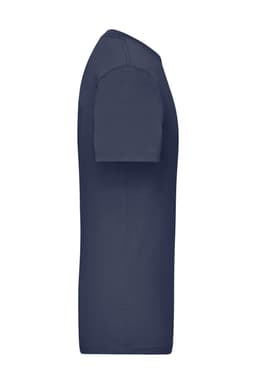 A side view of a navy blue work T-shirt featuring a short sleeve design and a logo on the front.