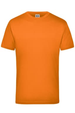 An orange short-sleeved T-shirt with a round neck and a logo on the label.