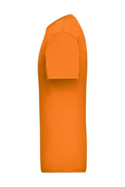 An orange work T-shirt displayed from the side, featuring a simple design and a logo on the chest.