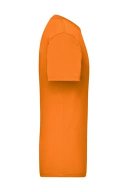 An orange work t-shirt, featuring a simple design and short sleeves. It has a logo on the side.