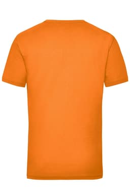 An orange work T-shirt featuring a plain back design and a logo.