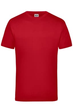 A red work T-shirt with short sleeves and a plain design, featuring a logo on the label.