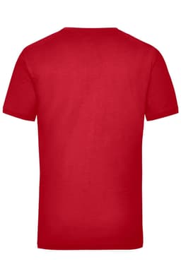 A red work T-shirt with a crew neckline and short sleeves, featuring a branding logo.