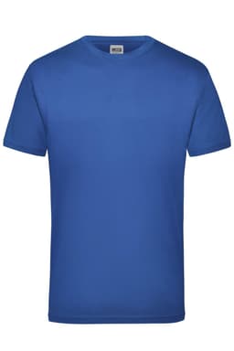 A blue work t-shirt featuring short sleeves and a round neckline, with a logo on the label.