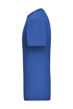 A blue work T-shirt with short sleeves, featuring a logo on the side.
