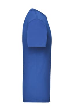 A blue work T-shirt with short sleeves and a side view design. It features a logo or branding.