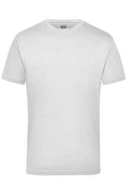 A plain white t-shirt with short sleeves. The shirt has a logo on the tag inside the collar.