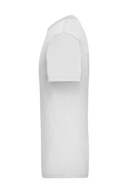 A white short-sleeved T-shirt displayed from the side, featuring a simple design and a logo.