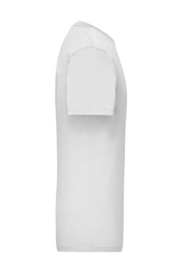 A white T-shirt with short sleeves, featuring a slight curve at the hem and a logo on the shirt.