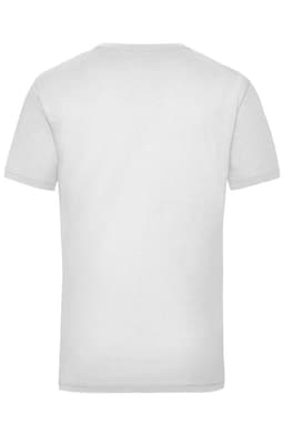 A plain white short-sleeve work T-shirt featuring a logo on the back.