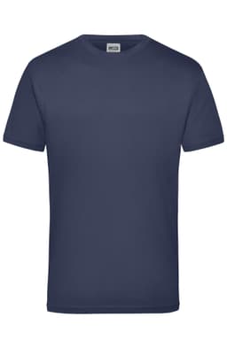 A navy blue work T-shirt featuring short sleeves and a round neckline, with a logo on the label.
