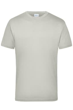 A light grey work T-shirt with short sleeves and a round neckline, featuring a logo on the label.