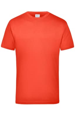 An orange T-shirt with short sleeves, featuring a logo on the front.