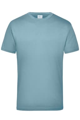 A work T-shirt in a light blue shade with a simple design and a logo on the tag.