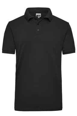 A black work polo shirt with a collar and short sleeves, featuring a logo on the chest.