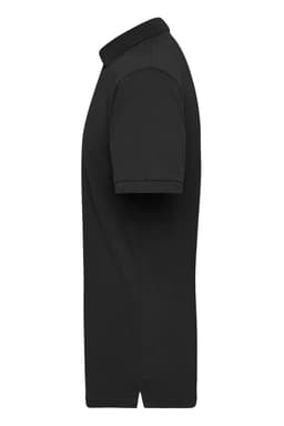 A black work polo shirt with short sleeves, featuring a collar and a logo.