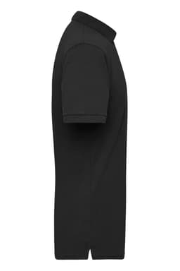 A black polo shirt with short sleeves and a collar, featuring a logo on the front.