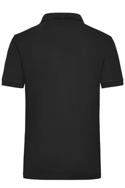 A black work polo shirt with a collar, featuring short sleeves and a logo on the back.