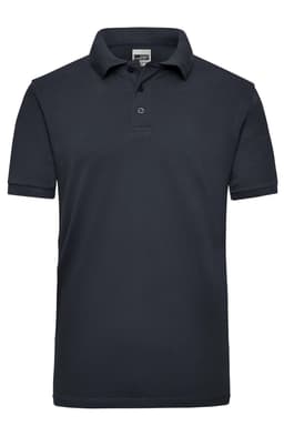 A navy blue polo shirt for men with a collar and three buttons, featuring a logo on the chest.