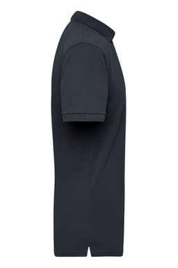 A navy blue work polo shirt for men, featuring a collar and short sleeves, with a logo displayed.