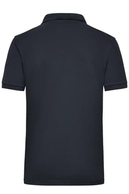 A men's work polo shirt in dark navy, featuring a classic collar and short sleeves. It has a logo on the back.