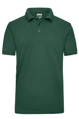 A green work polo shirt featuring a collar and short sleeves, includes a logo on the chest.
