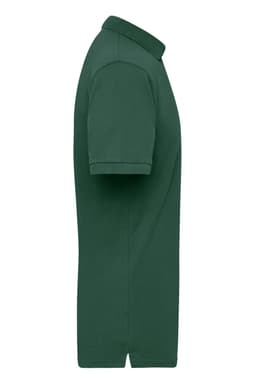 A side view of a green work polo shirt featuring a collar and short sleeves. The shirt has a logo.