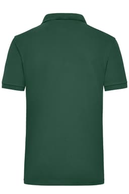 A green work polo shirt featuring a classic collar and short sleeves, with a logo on the back.