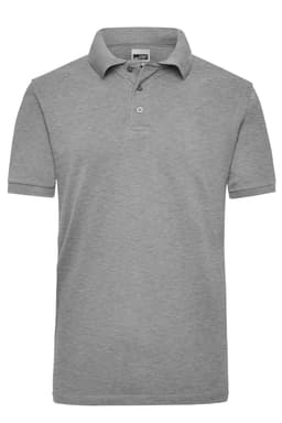 A grey men's work polo shirt featuring a collar and short sleeves, with a logo on the chest.