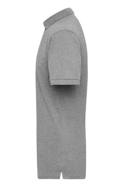 A grey work polo shirt with a collar and short sleeves, featuring a branding logo.
