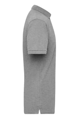A grey work polo shirt with a collar and short sleeves, featuring a brand logo.