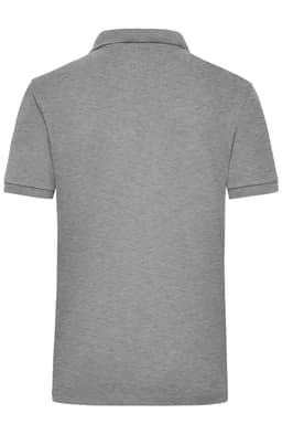 A grey polo shirt with a collar and short sleeves, featuring a logo on the back.