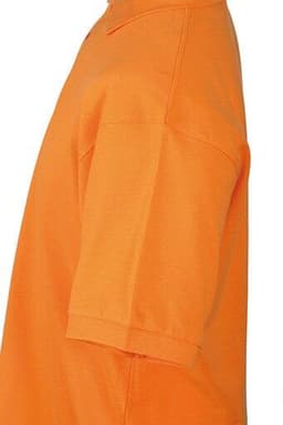 An orange work polo shirt featuring a standard collar and short sleeves, with a logo on the chest.