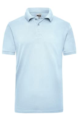 A light blue polo shirt with a collar, short sleeves, and a visible logo on the chest area.