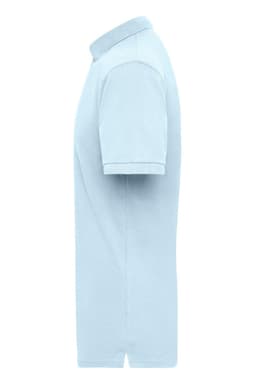 A light blue work polo shirt displayed from the side, featuring a collar and short sleeves. It includes a logo.