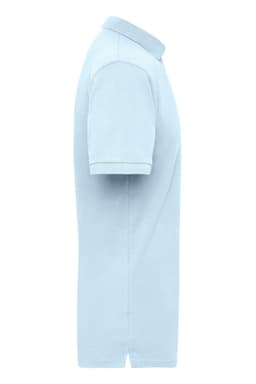 A light blue work polo shirt featuring a collar and short sleeves, with a logo on the chest.