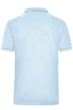 A light blue work polo shirt with a collar and short sleeves, featuring a logo on the front.