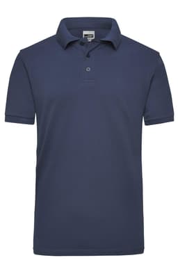 A navy blue work polo shirt for men with a collar and a logo.