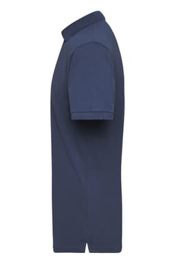 A navy blue polo shirt with a classic collar and short sleeves, featuring a logo on the chest.