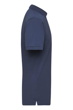 A navy blue men's polo shirt featuring a collar and short sleeves, with a logo on the side.